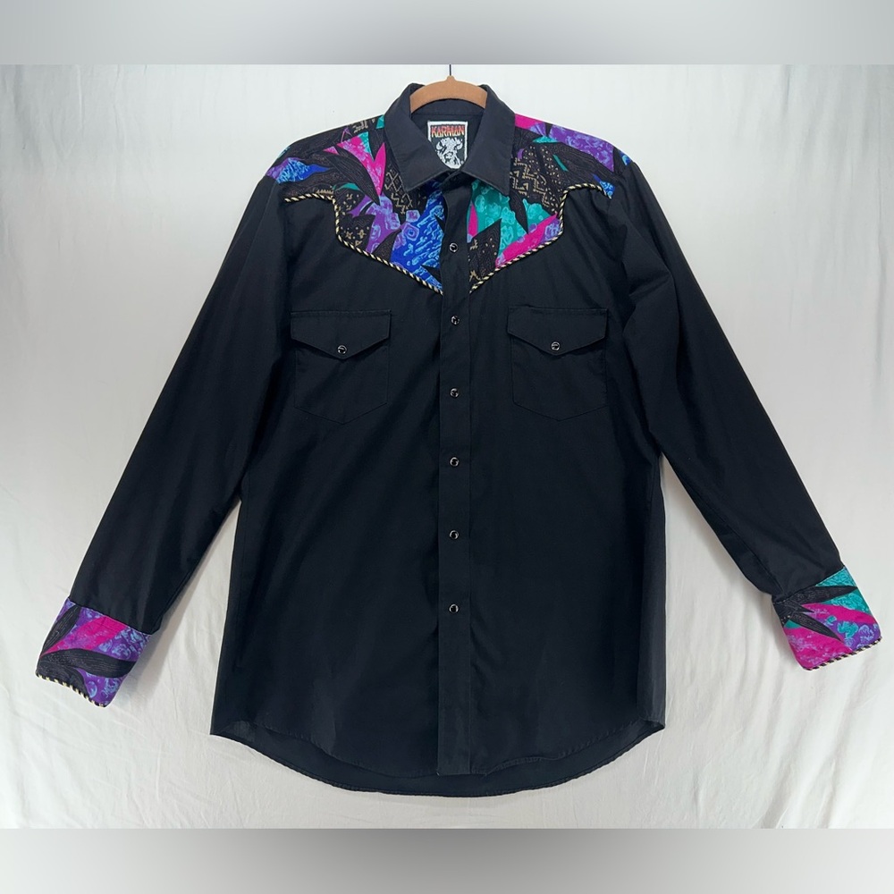 Karman Western Shirt Vintage Black Abstract Print Pearl Snap Men's Size L